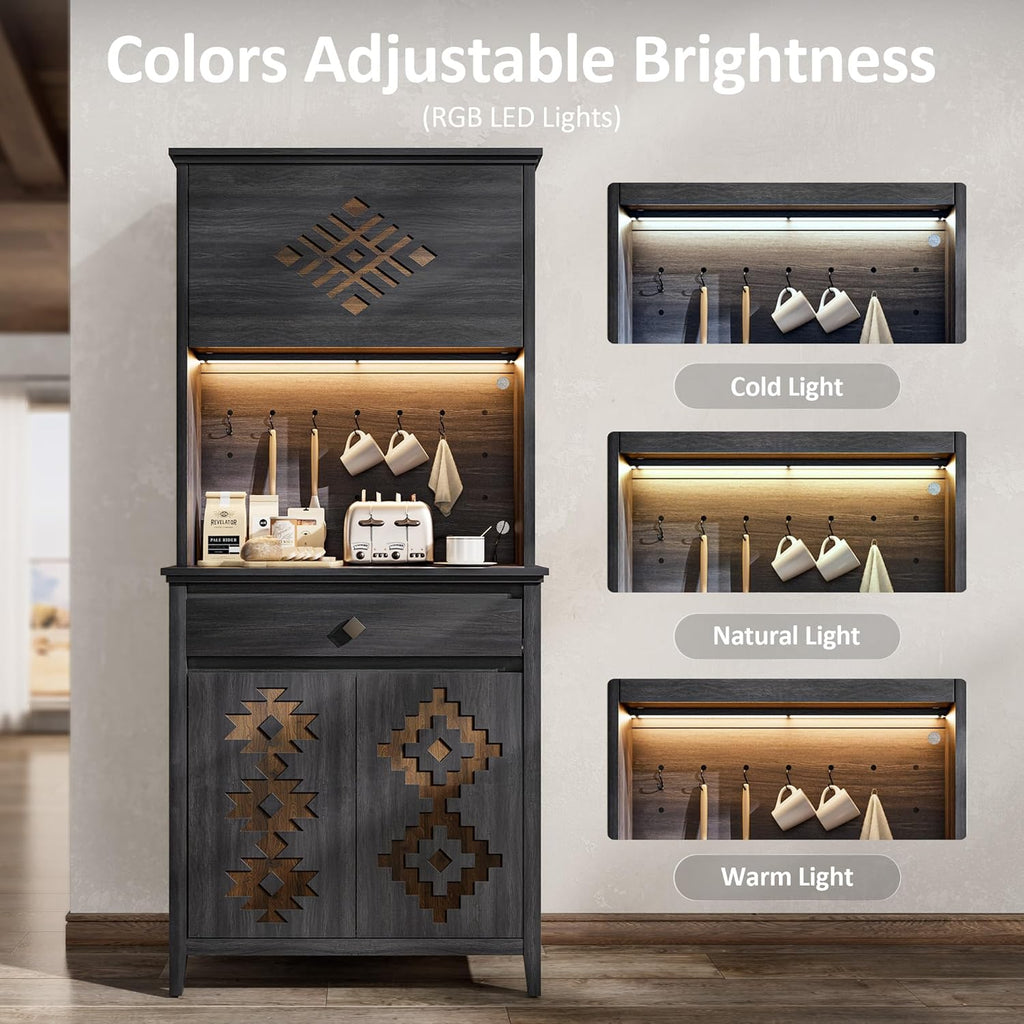 72" Tall Kitchen Pantry with Hydraulic Flip Up Door, Storage Cabinet with LED Lights & Charging Station, Drawer and Adjustable Shelves, Cupboard for Kitchen, Dining Room, and Hallway, Black