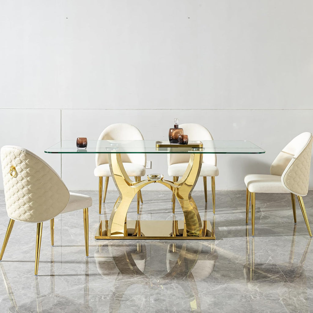 68.9" Rectangle Glass Dining Table for 6 People, Modern Luxury Kitchen Table with Tempered Glass Top, Gold Stainless Steel Curved Base with Crystal Decoration