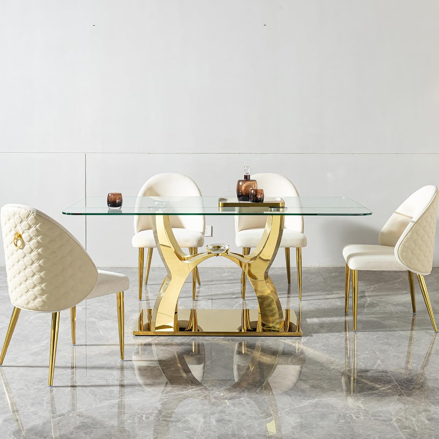 68.9" Rectangle Glass Dining Table for 6 People, Modern Luxury Kitchen Table with Tempered Glass Top, Gold Stainless Steel Curved Base with Crystal Decoration