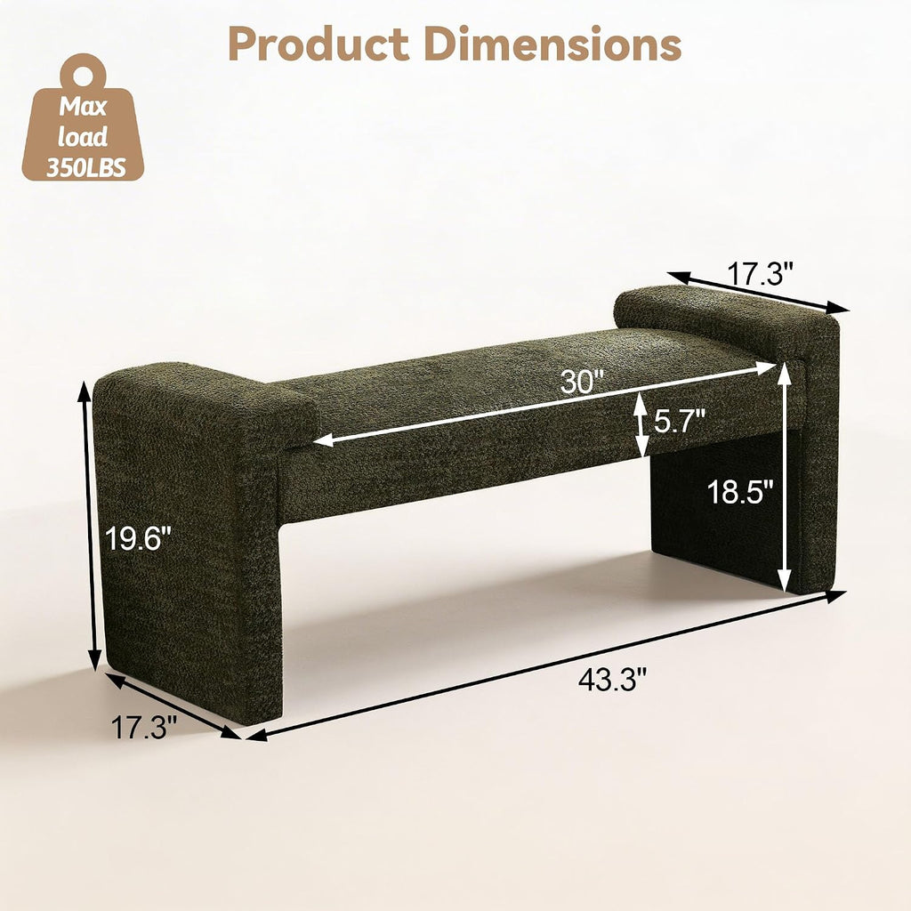 43" Upholstered End of Bed Bench, Entryway Bench with Curved Armrests, Modern Bedroom Bench Seat with Solid Wood Frame for Living Room, Hallway, Green