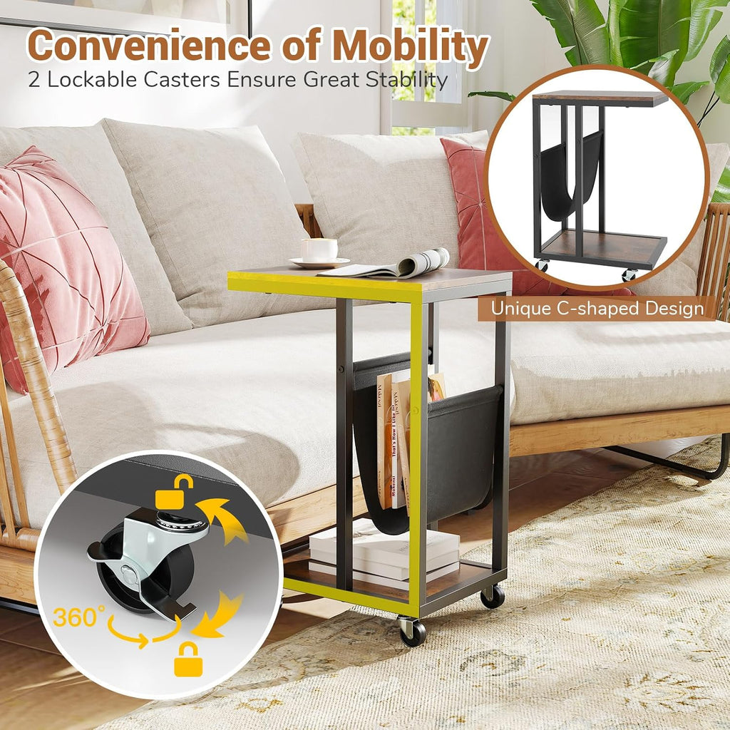 Giantex C Shaped End Table with Rolling Wheels, Sofa Side Table with Magazine Storage Holder & Metal Frame, Mobile TV Tray Table for Small Space Living Room, 16" L x 11" W x 23" H, Rustic Brown