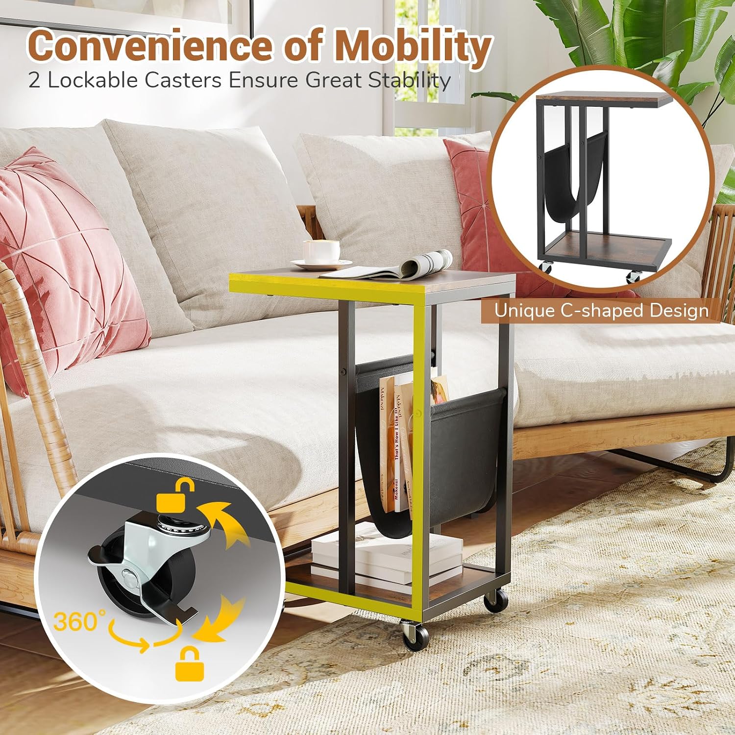 Giantex C Shaped End Table with Rolling Wheels, Sofa Side Table with Magazine Storage Holder & Metal Frame, Mobile TV Tray Table for Small Space Living Room, 16" L x 11" W x 23" H, Rustic Brown