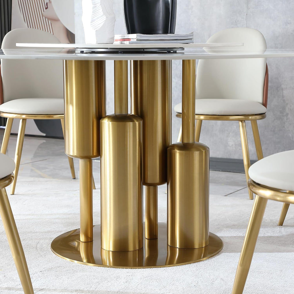 59" D Round Dining Table with 31.5" Detachable Lazy Susan, Modern Sintered Stone Dining Table for 8 Seat, Artificial Marble Dining Room Table Kitchen Table with Stainless Steel Base for Home