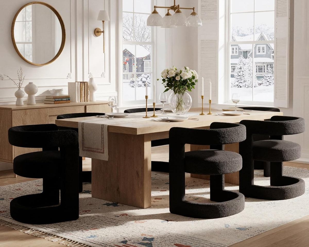 Black Barrel Dining Chairs Set of 6, Modern Boucle Upholstered Dining Room Chairs with Open Back & Sled Base, No Assembly Kitchen Arm Chairs, Comfy Accent Makeup Vanity Chair for Living Room Bedroom