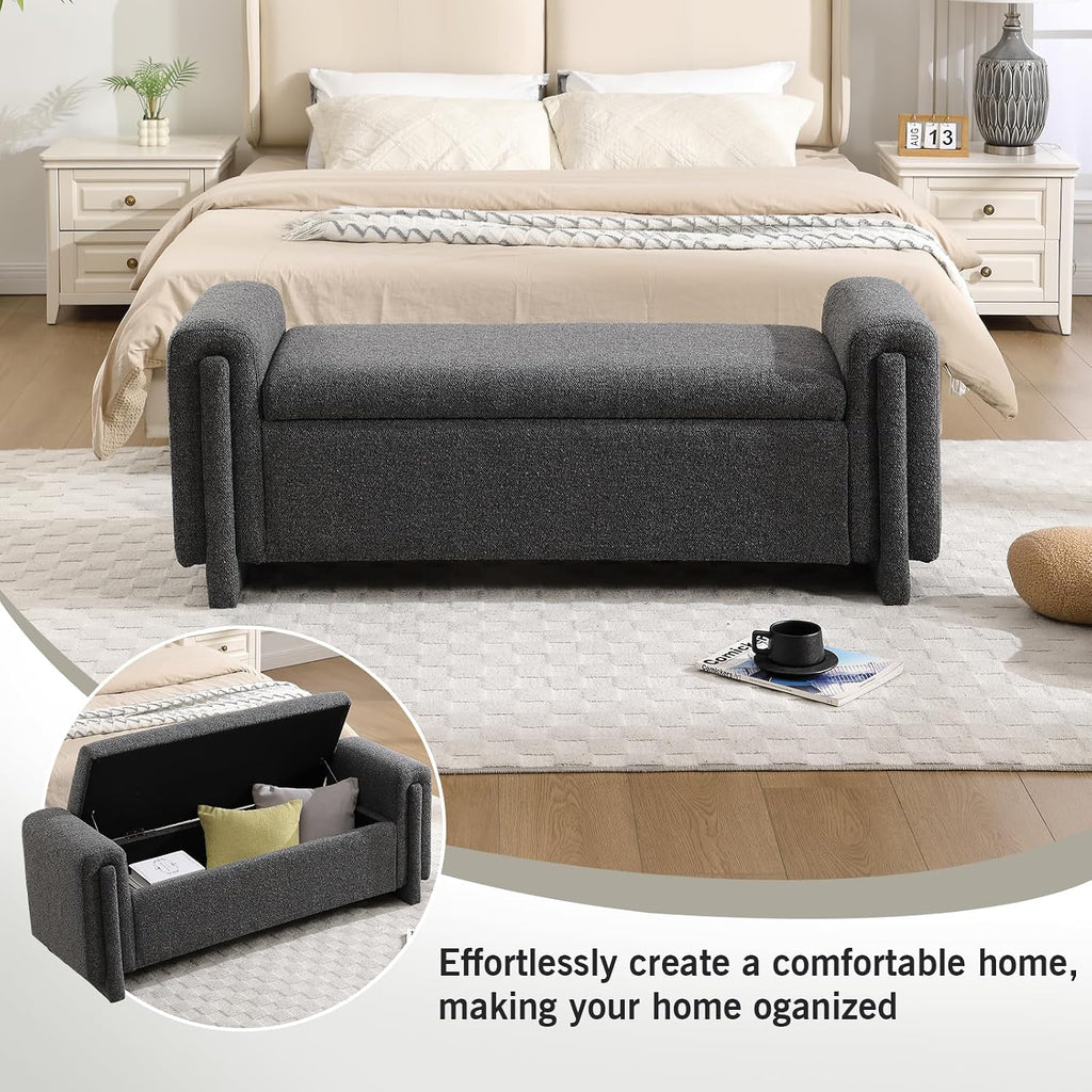 CIMOTA Modern Storage Ottoman Bench, 58” Large Upholstered Storage Bench with Armrests, Boucle Fabric Bedroom End of Bed Bench-Comfy Padded Footstool for Living Room, Entryway, Black