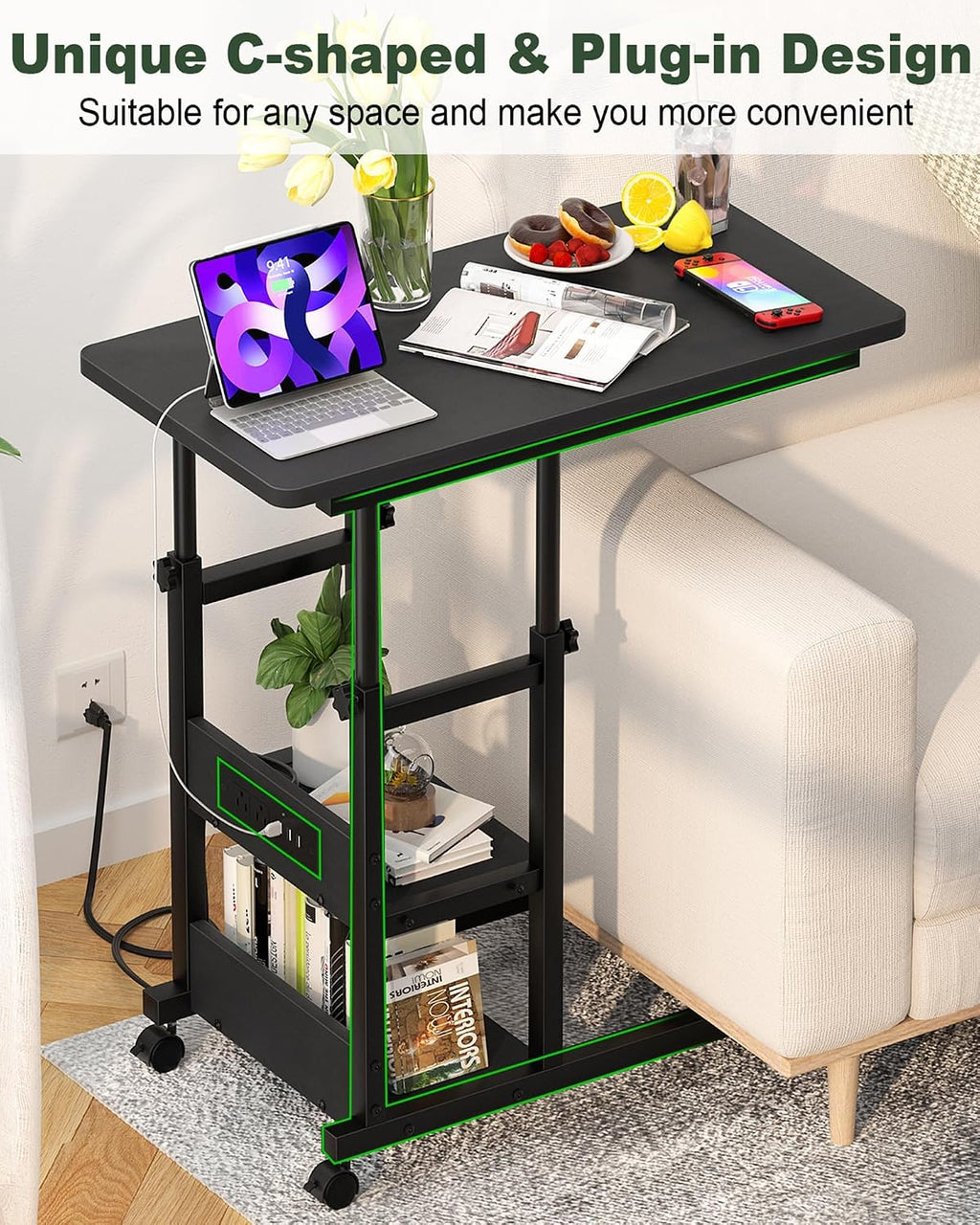 Armocity C Shaped End Table Height Adjustable - Couch Side Table with Charging Station, TV Tray with Wheels Slide Under Sofa for Small Spaces, Living Room Bedroom, Black