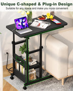 Armocity C Shaped End Table Height Adjustable - Couch Side Table with Charging Station, TV Tray with Wheels Slide Under Sofa for Small Spaces, Living Room Bedroom, Black