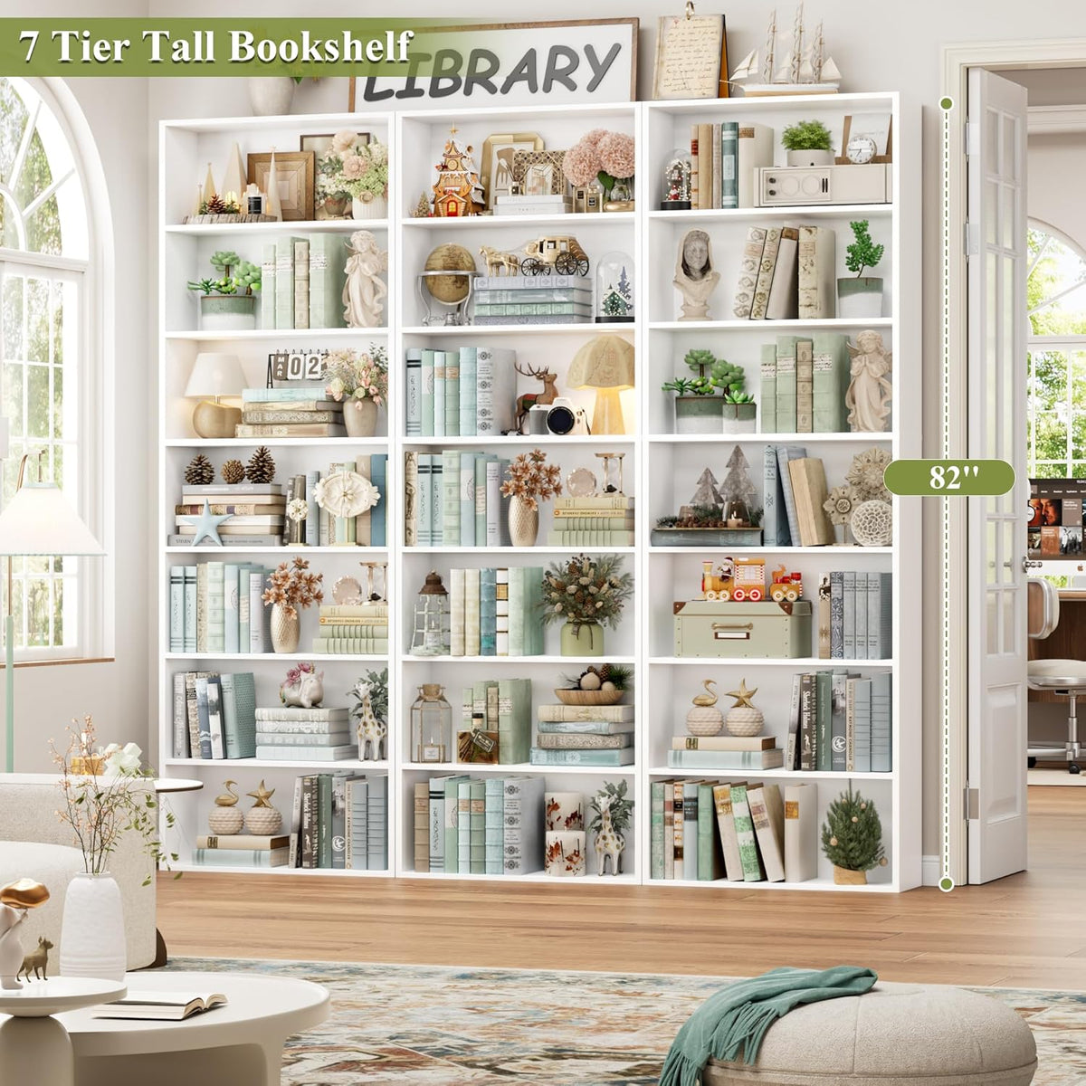 FACBOTALL 82" Tall Bookshelf, 7-Tier Open Shelves Bookcase, Freestanding Display Storage Shelves, Tall Bookcase Home Decor Furniture for Home Office, Living Room, Bedroom, White