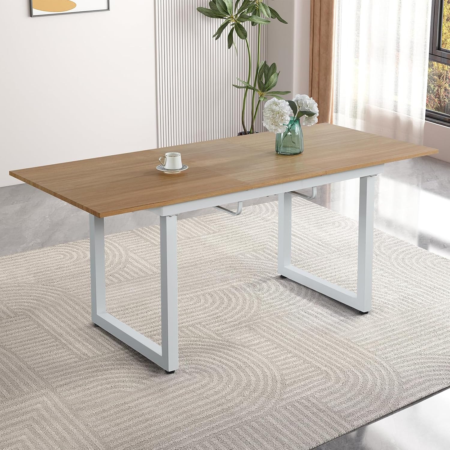 Extendable Dining Table for 4-8 Person, Extendable from 55" to 71", Modern Rectangle Dining Table with MDF Tabletop and Metal Frame, Expanding Kitchen Table for Home, Office (Natural Wood+White)