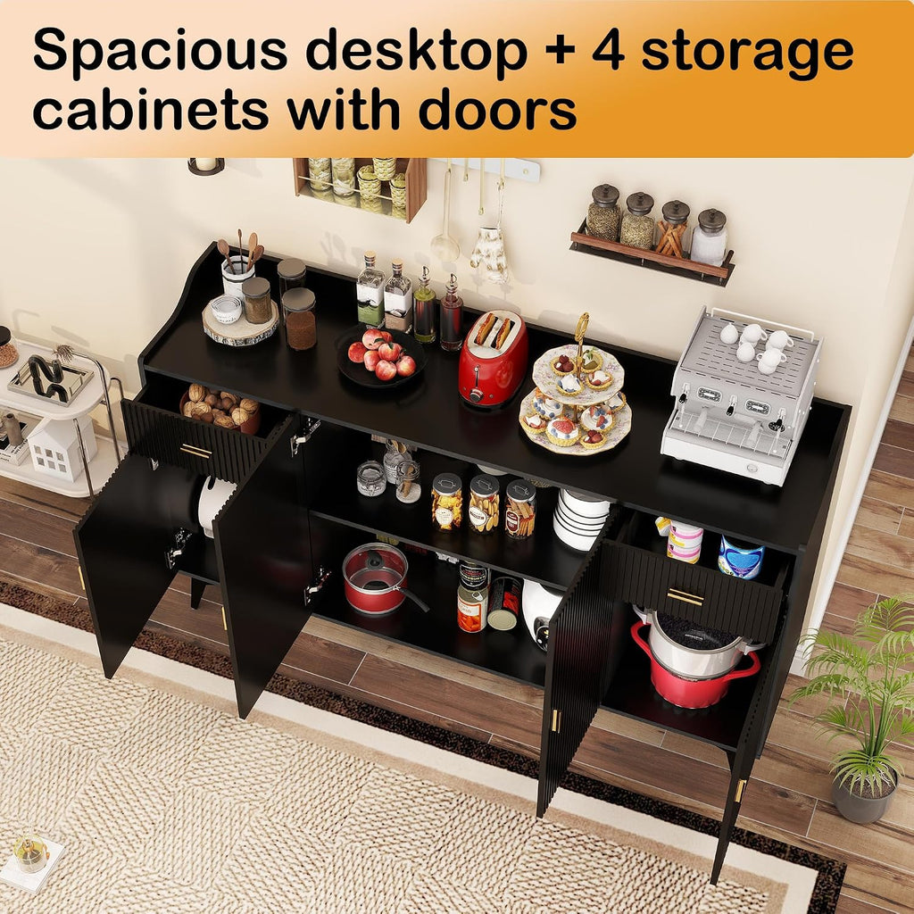 Sideboard Buffet Cabinet with Drawers: 63" Black Fluted Sideboard Cabinet with Storage, Modern Kitchen Cabinets Storage, Credenzas for Living Room(63")