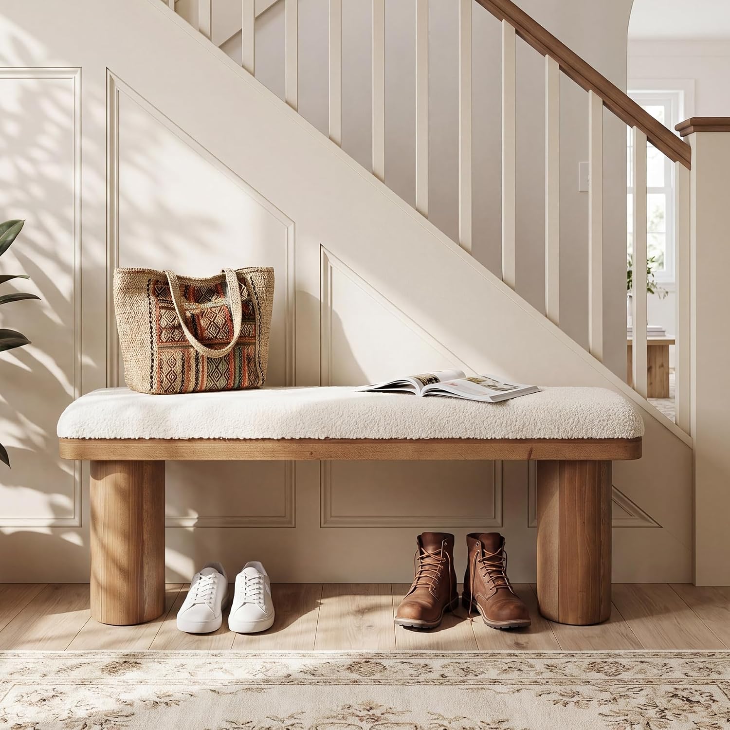 LITTLE TREE 47'' Boucle Upholstered Bench, Modern Solid Fir Entryway Bench with White Boucle Cushion, Farmhouse Wooden Ottoman for Dining Room, Bedroom, Living Room, Brown(Removable Cushion)