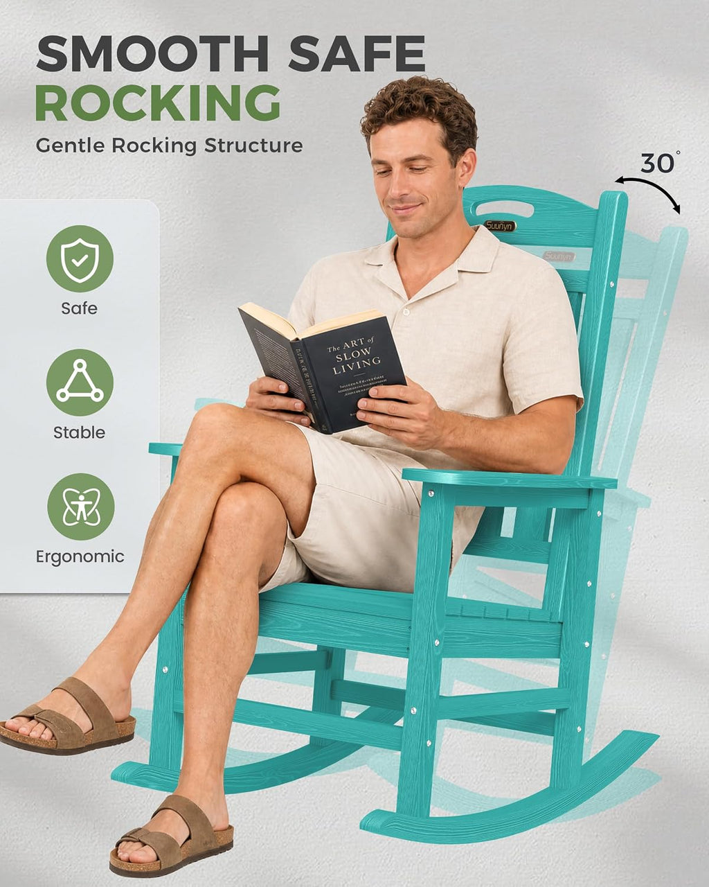 Oversized Outdoor Rocking Chair, High Back Porch Rocker Chair, HDPE All Weather Resistant Rocking Chairs for Patio, 380lbs Weight Capacity, Lake Blue