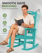 Oversized Outdoor Rocking Chair, High Back Porch Rocker Chair, HDPE All Weather Resistant Rocking Chairs for Patio, 380lbs Weight Capacity, Lake Blue