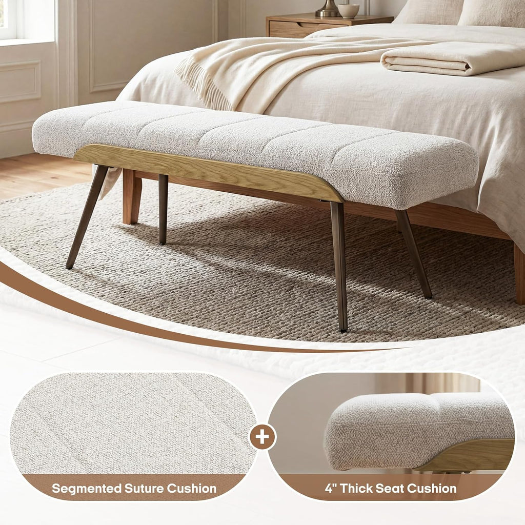 CIMOTA Mid-Century Modern Upholstered Bench, Upholstered Boucle Ottoman Bench with Solid Wood Trim and Bronze Metal Legs, 49.5" Accent Bench for Bedroom, Entryway, Living Room, End of Bed, Beige