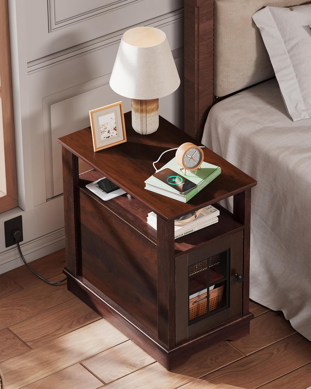WLIVE Farmhouse End Table with Charging Station, Narrow Side Table with Storage, Small Nightstand with USB Ports and Outlets ，Bedside Cabine for Bedroom, Living Room,Espresso