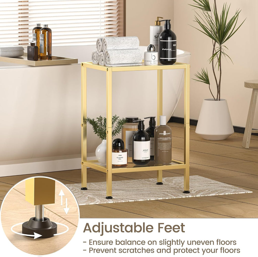Glass Side Table, Tempered Glass End Table, 2-Tier Nightstands with Open Shelves, Small Coffee Table with Modern Style, Accent Table Small Table Sofa Table for Living Room, Bedroom,Gold