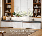 UPOSOJA Farmhouse L Shaped Corner Shoe Storage Bench with Cushion Entryway Shoe Rack with Slide Barn Doors, Adjustable Shelf and 1 Cabinet for Entryway Dining Room, Kitchen, Bedroom (White-Brown)