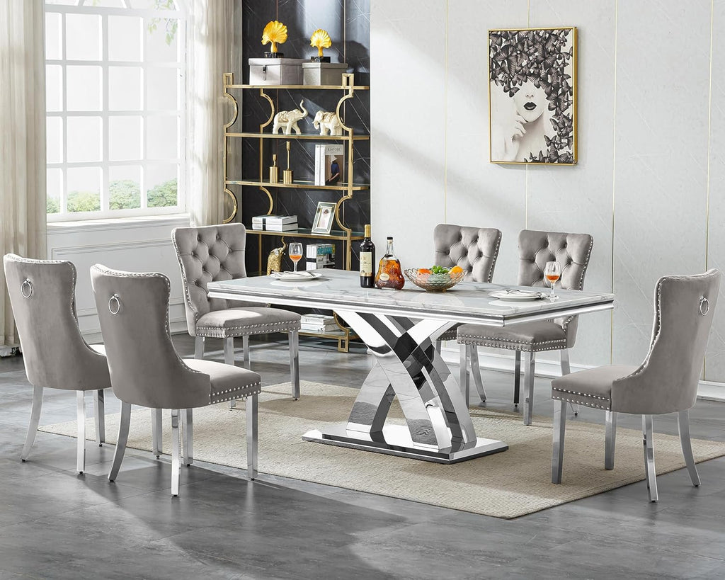 7 Piece Dining Table Set with Chairs, Faux Marble Dining Table and Gray Chair Set for 6, White Silver Dining Room Table Set with X-Shape Stainless Steel Base, Morden Kitchen Table and Chairs for 6