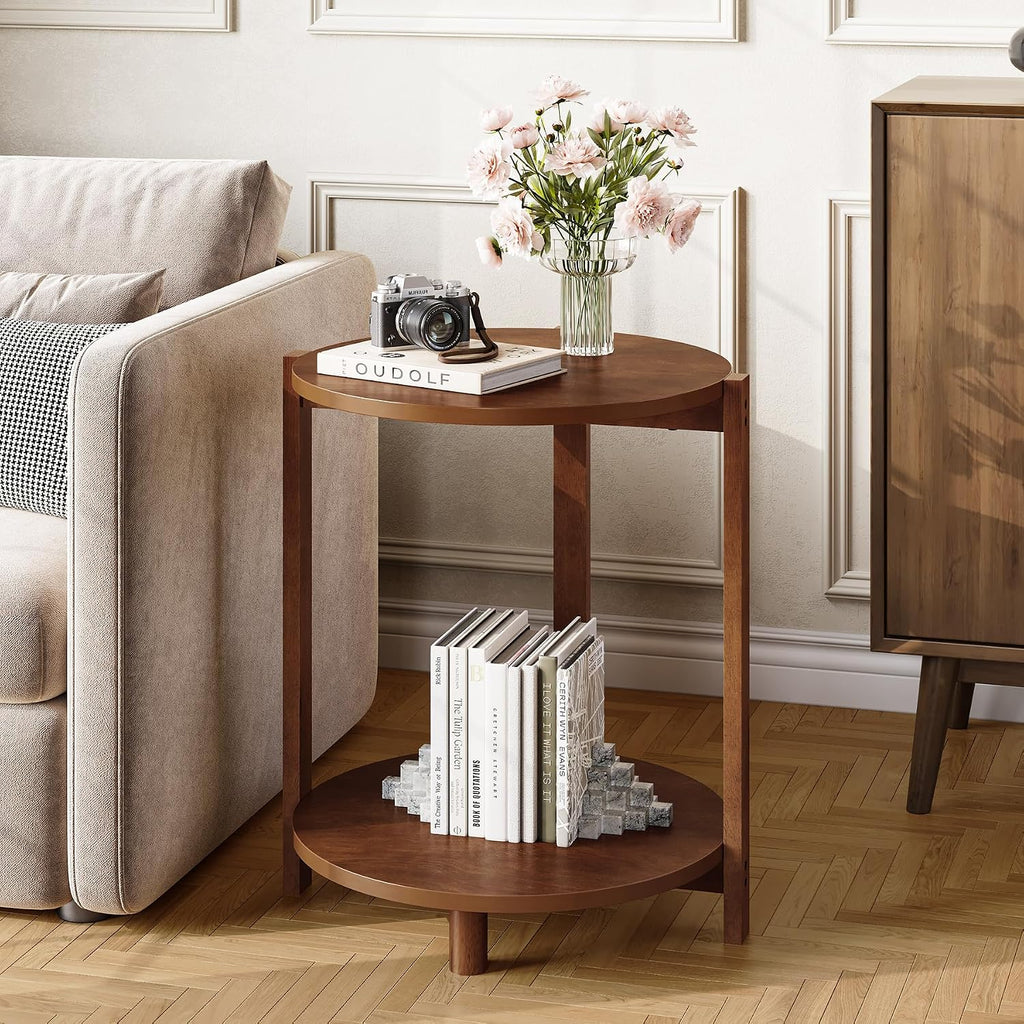 Solid Wood Side Table for Living Room, Small Round End Table with 2-Tier Storage, 19-Inch Wooden Circle Retro Nightstand, Accent Furniture for Small Spaces, Bedroom, Apartment, Brown