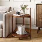 Solid Wood Side Table for Living Room, Small Round End Table with 2-Tier Storage, 19-Inch Wooden Circle Retro Nightstand, Accent Furniture for Small Spaces, Bedroom, Apartment, Brown