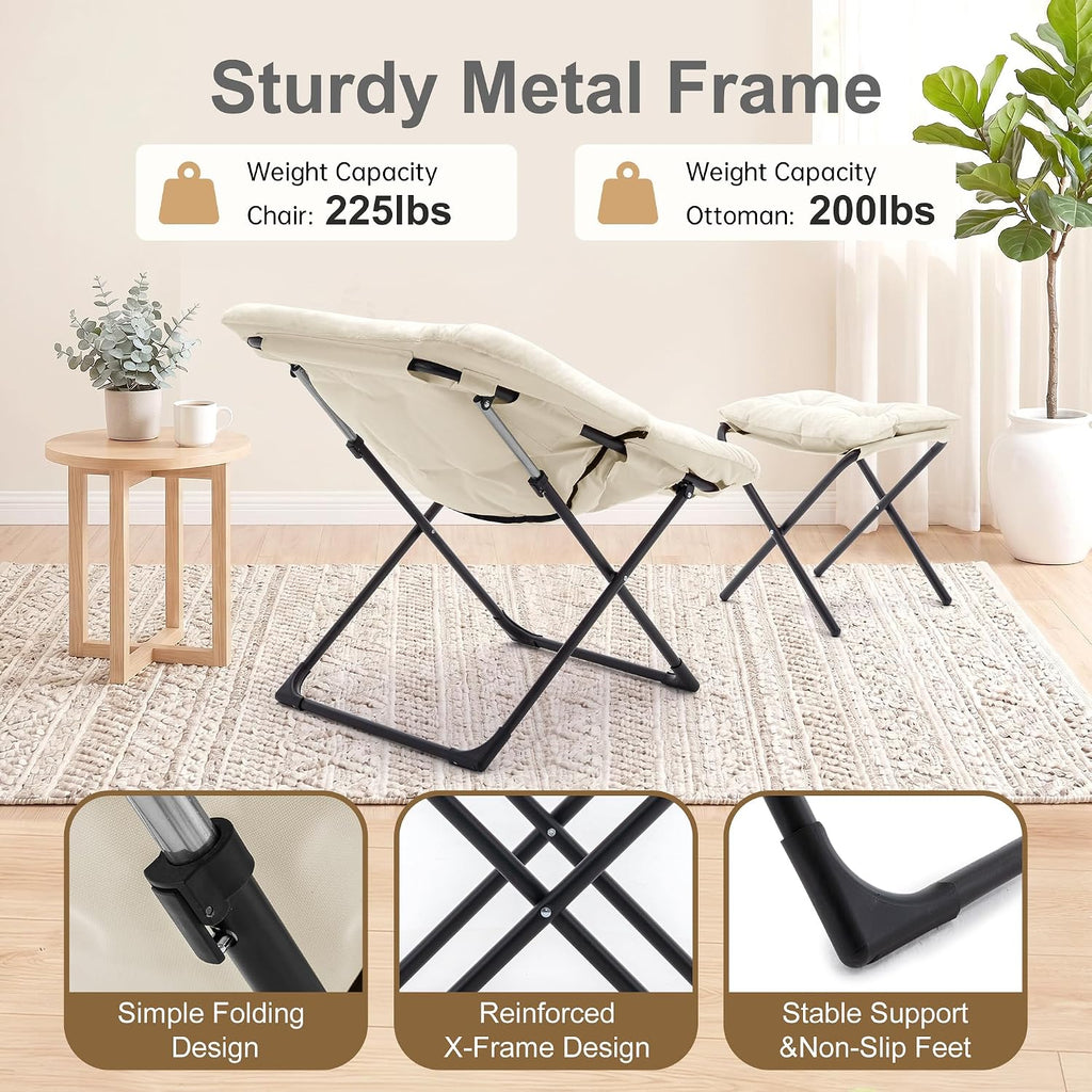 Saucer Chair with Ottoman, Foldable Living Room Chairs, Faux Fur Comfy Reading Chair, Lounge Chair for Bedroom Dorm Small Spaces, Beige