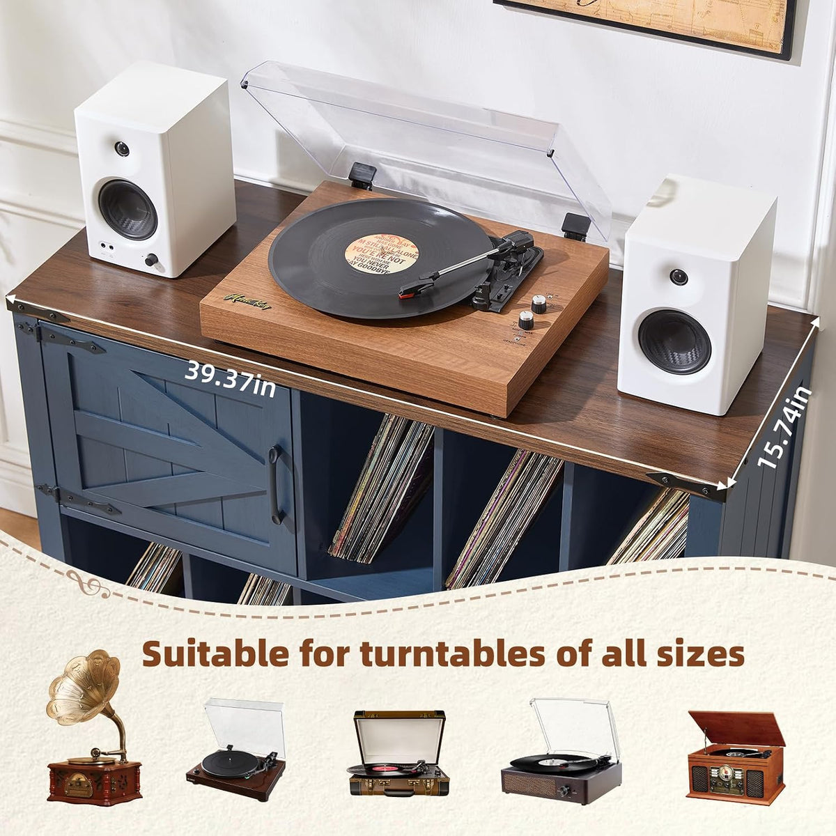 Joaxswe Large Record Player Stand with Vinyl Storage Up to 450 Albums, 39 Inch Farmhouse Wood Navy Blue Vinyl Records Storage Cabinet with Barn Doors, Mid-Century Turntable Stand for Living Room