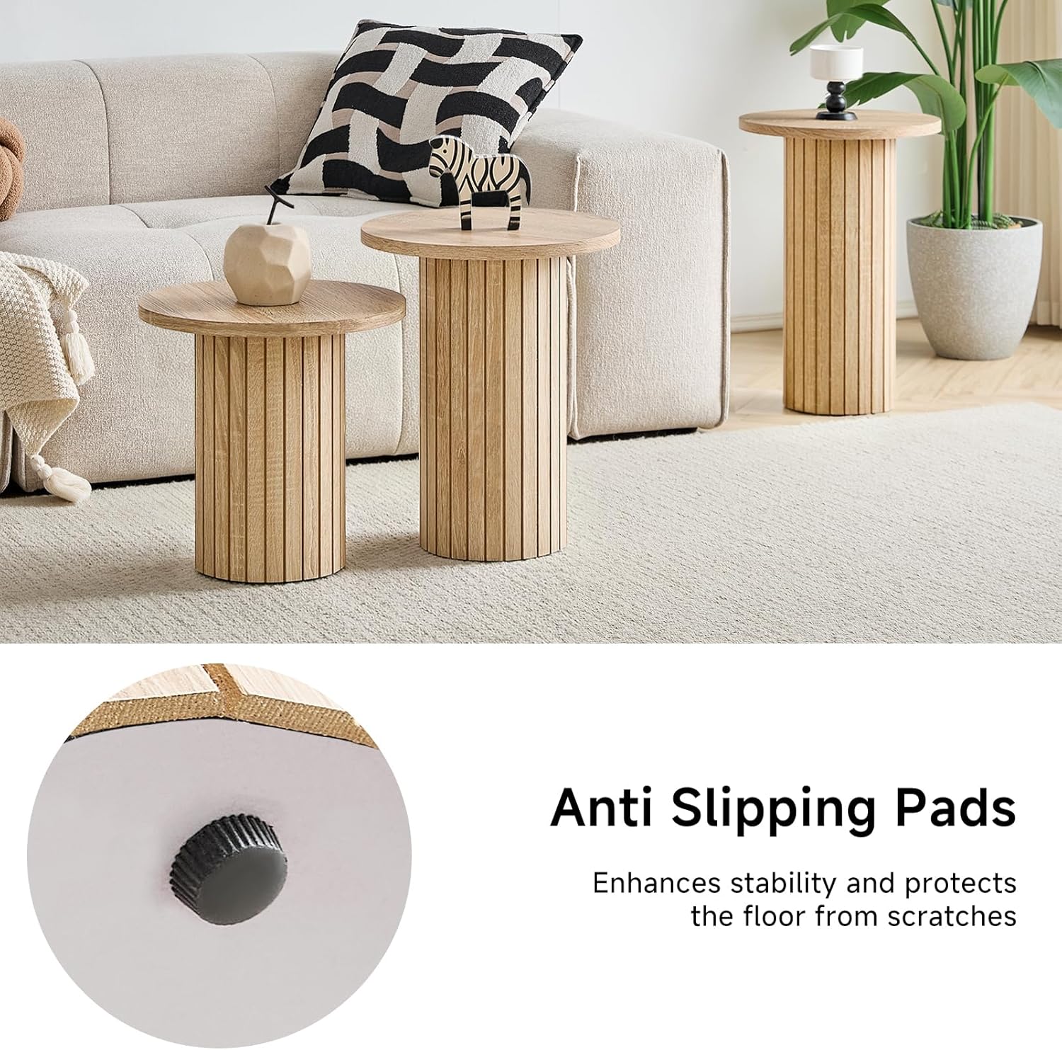 Round Nesting Coffee Table Set of 3 Mid Century Modern Wood Round Coffee Tables with Flexible Small Boho Circle End Table for Space Saving Living Room Comedor Home Office Bedroom(Natural)