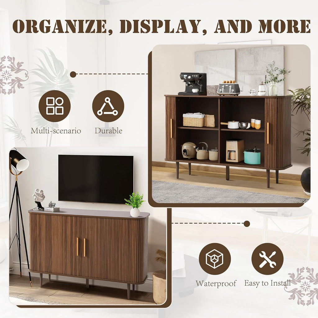 47" Fluted Buffet Cabinet with Tambour Sliding Doors, Modern Sideboard Buffer Cabinets with Storage & Adjustable Shelves, Mid Century Credenza Accent Cabinet for Living Room Entryway (Brown)