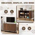 47" Fluted Buffet Cabinet with Tambour Sliding Doors, Modern Sideboard Buffer Cabinets with Storage & Adjustable Shelves, Mid Century Credenza Accent Cabinet for Living Room Entryway (Brown)