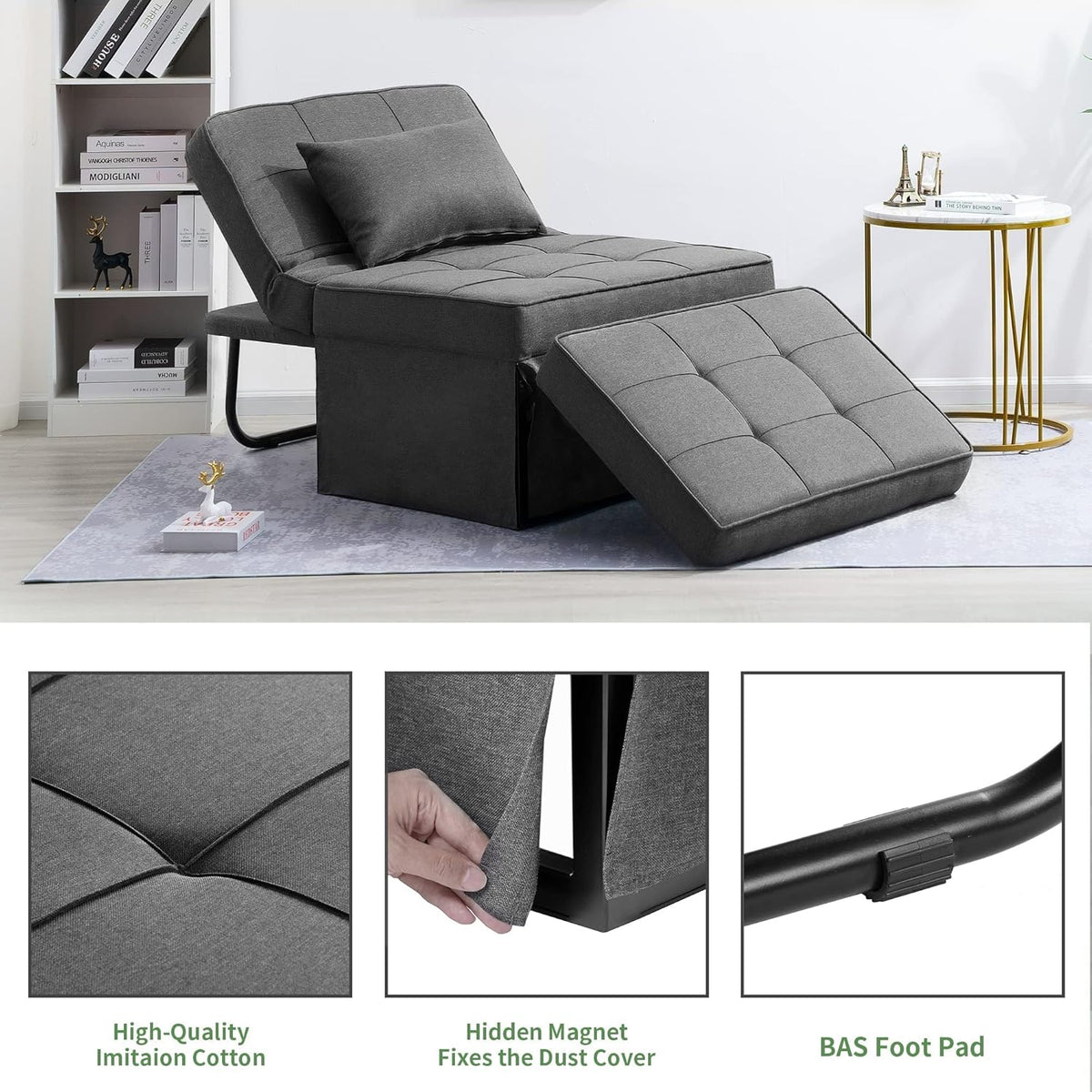 BIGSYY Sofa Bed, Set of 4 in 1 Multi-Function Folding Ottoman Breathable Linen Couch Bed with Adjustable Backrest Modern Convertible Chair for Living Room Apartment Office, Dark Grey