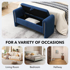 NIOIIKIT 52" Storage Ottoman Bench, Teddy Upholstered Storage Bench with Armrest, Entryway Bench with Pull-Ring, End of Bed Bench, Window Bench for Living Room (Blue)