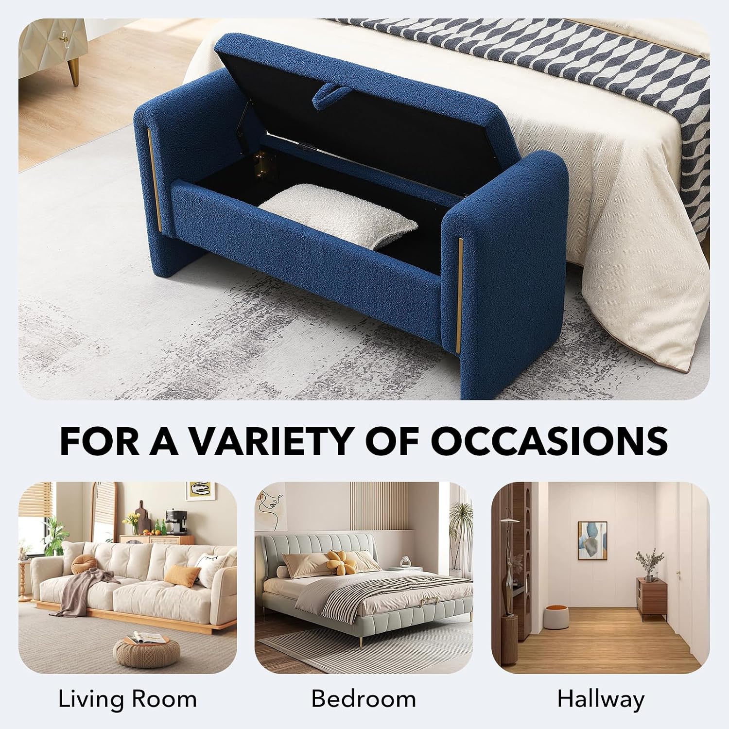 NIOIIKIT 52" Storage Ottoman Bench, Teddy Upholstered Storage Bench with Armrest, Entryway Bench with Pull-Ring, End of Bed Bench, Window Bench for Living Room (Blue)