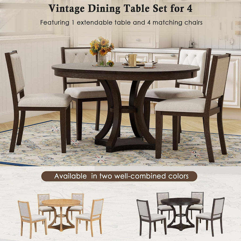 Bellemave Extendable Dining Table Set for 4, 5-Piece Retro Round Table Set with 4 Upholstered Chairs, Round Table with a 16" W Leaf, Oval Kitchen Table Set with Extendable Table (Espresso)