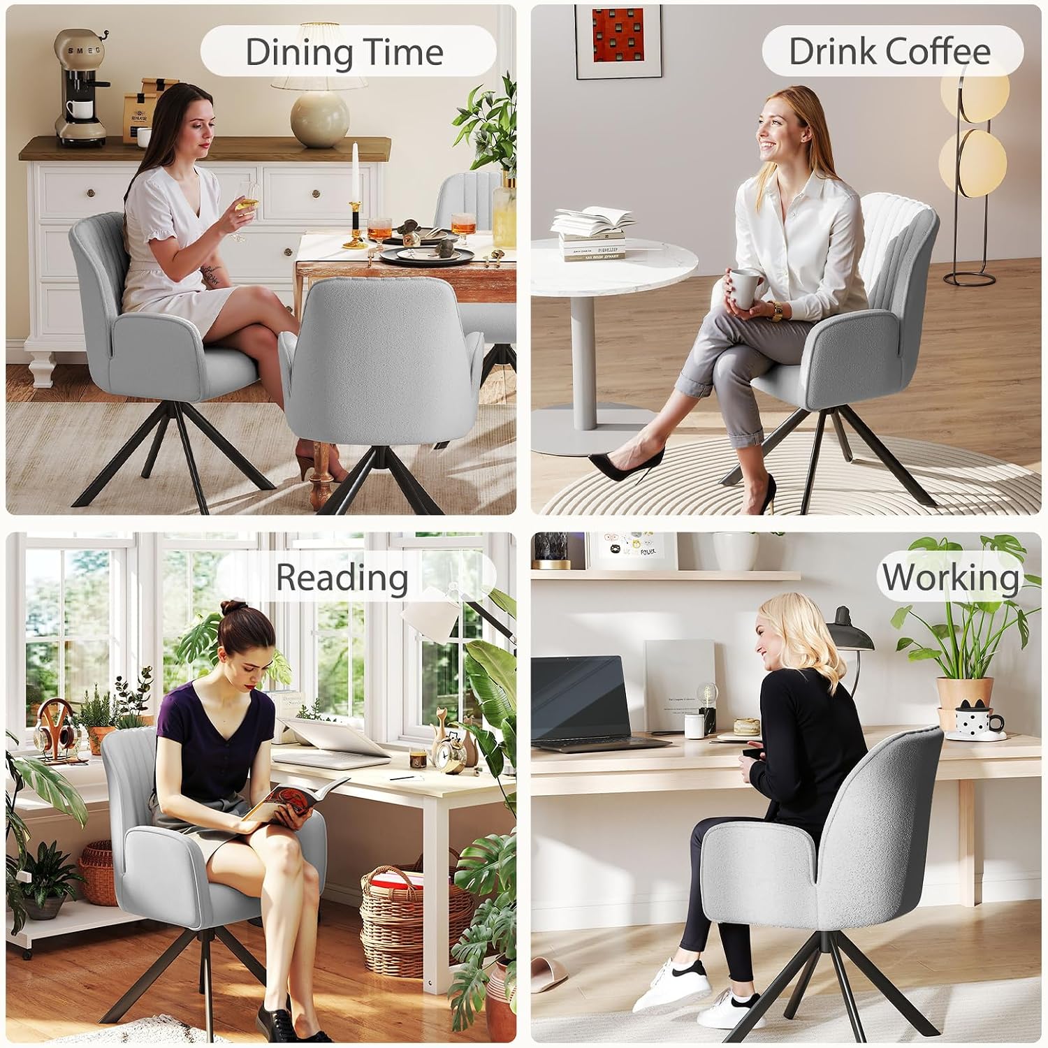 Furniliving 360° Swivel Dining Chairs Set of 2, Modern Upholstered Dining Room Chairs with Thicken Cushion, Style Chair with Arms Swivel Kitchen Chairs for Living Room, Restaurant, Chenille, LightGrey