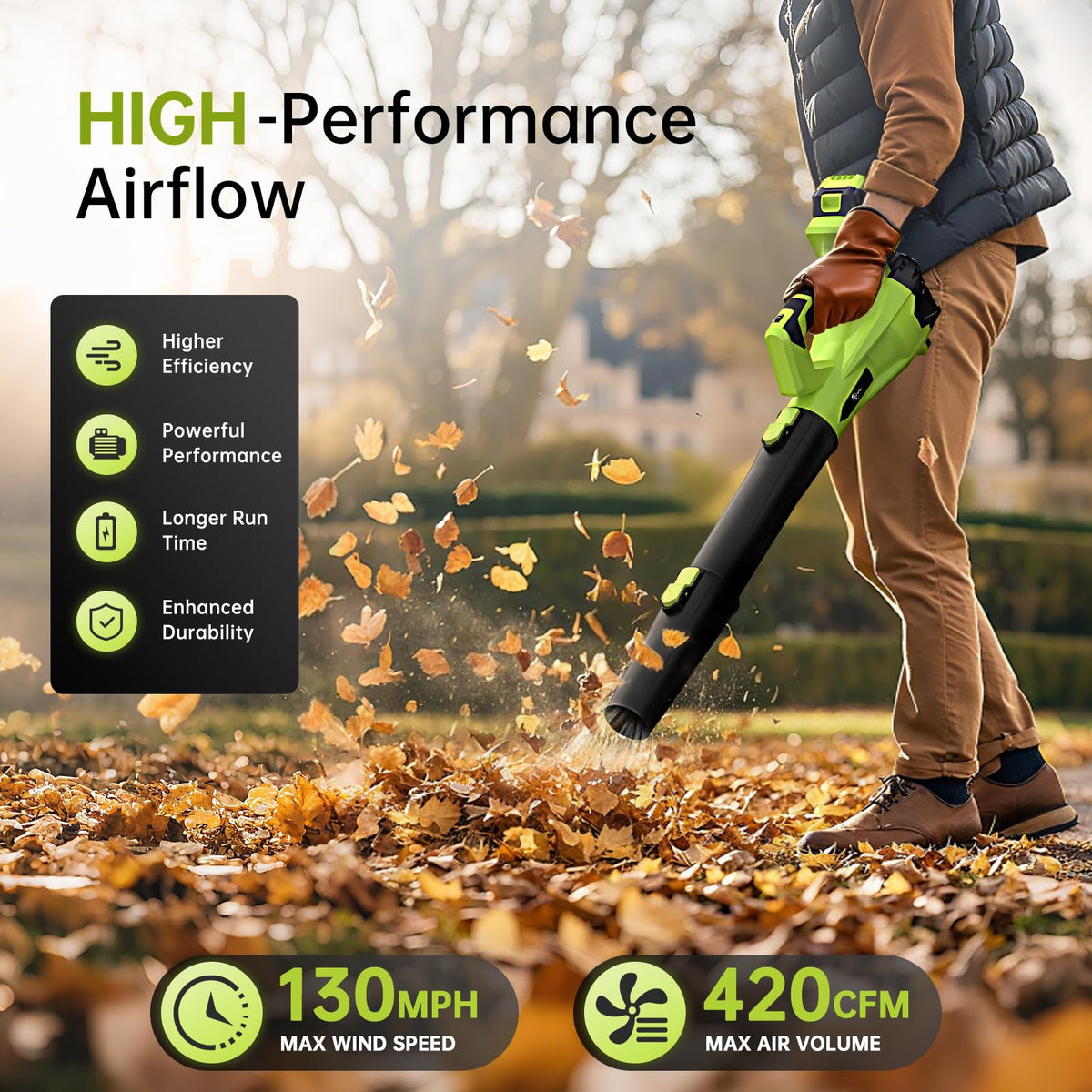 Leaf Blower Cordless, Electric Blower with 2×4.0Ah Batteries & Charger, 6-Speed, Powerful Lightweight 21V Blower Kit for Lawn, Patio, Car Drying and Light Snow, Lightweight Handheld