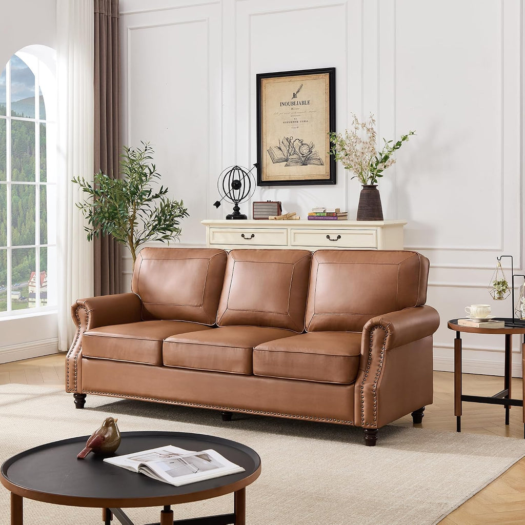 Kingfun Mid-Century Modern Couch, Faux Leather Sofa, 3 Seater Couch for Living Room with Rolled arms & Nailhead Trim, Brown