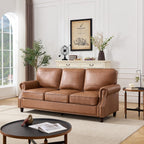 Kingfun Mid-Century Modern Couch, Faux Leather Sofa, 3 Seater Couch for Living Room with Rolled arms & Nailhead Trim, Brown