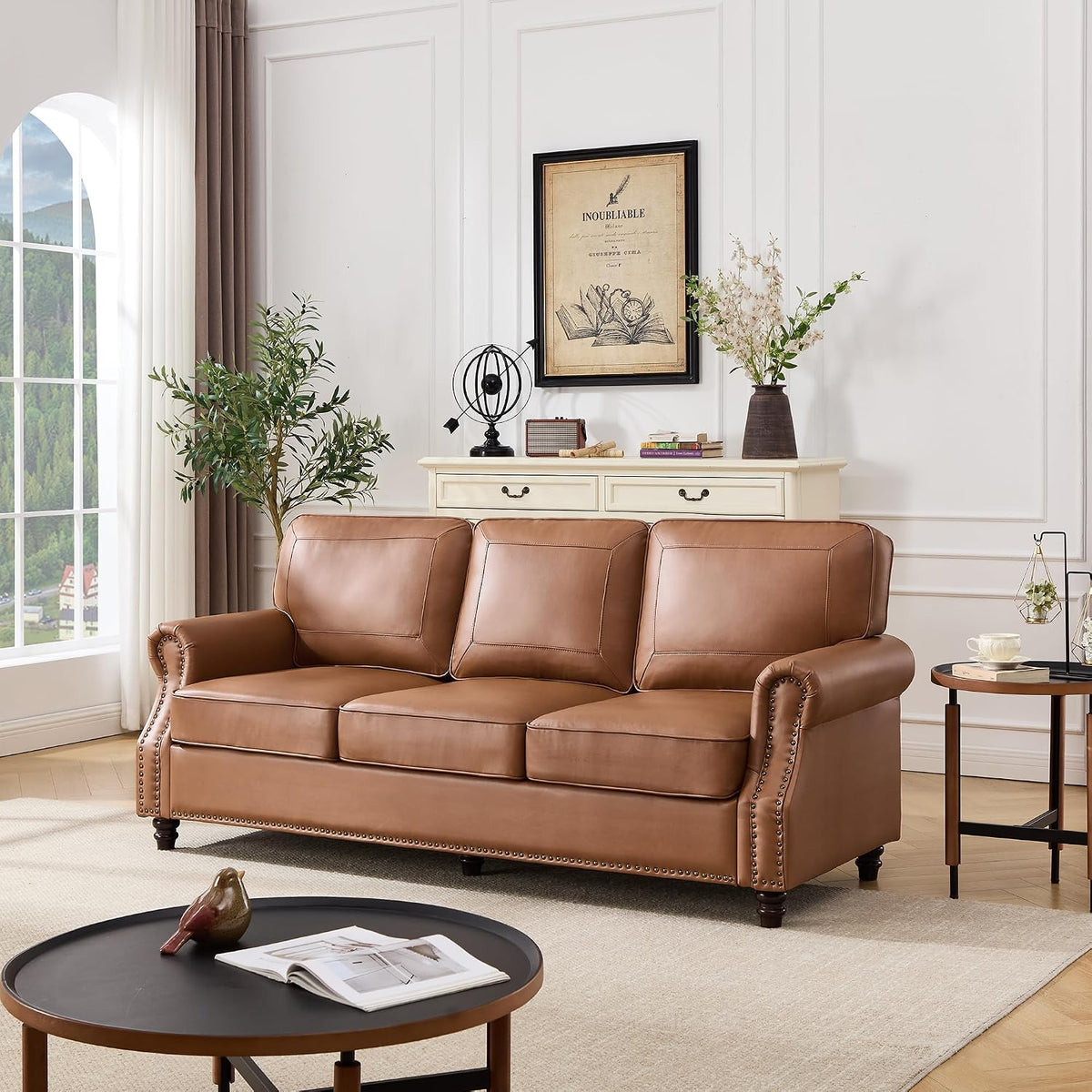 Kingfun Mid-Century Modern Couch, Faux Leather Sofa, 3 Seater Couch for Living Room with Rolled arms & Nailhead Trim, Brown