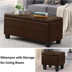 PU Leather Storage Ottomans Set of 3, Tufted Upholstered, Brown | 38 inch Seating Bench, Safety Hinges, No Tools Assembly, Large Store Capacity, Study Wood Frame, Extra Foot Stools