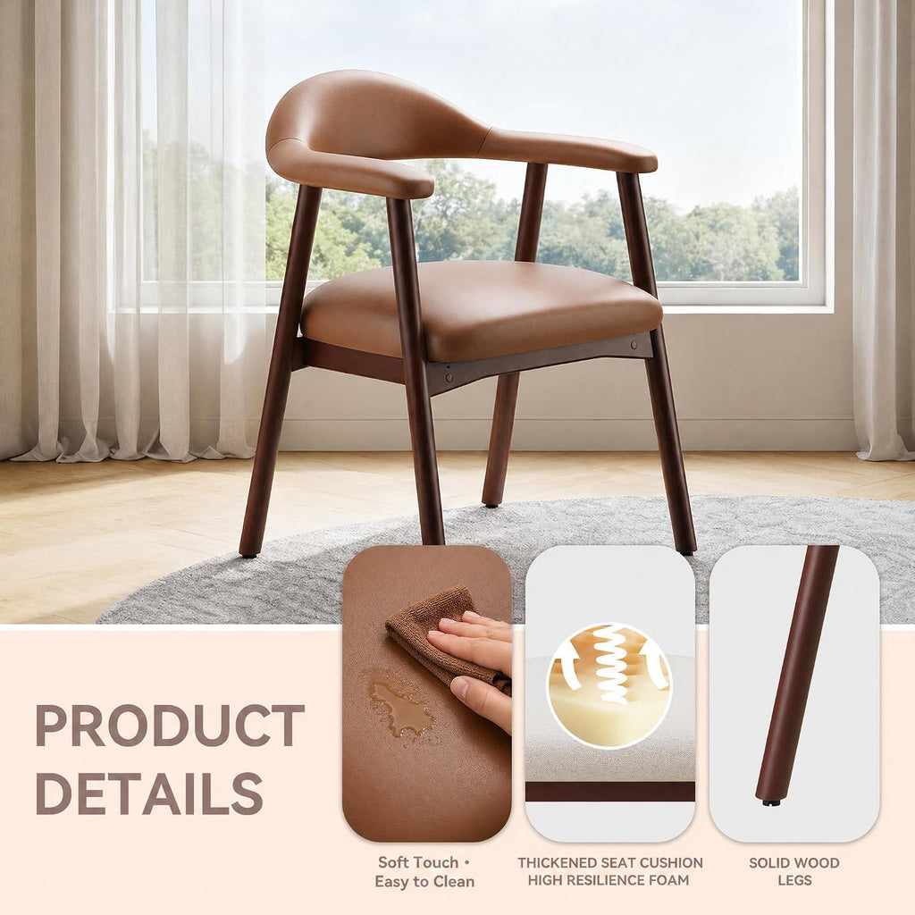 MALOL Leather Dining Chair with Armrest Set of 2, Upholstered Dining Room Chair with Curved Back and Wood Legs, Mid Century Modern Kitchen Chairs for Kitchen Dining Room,Brown