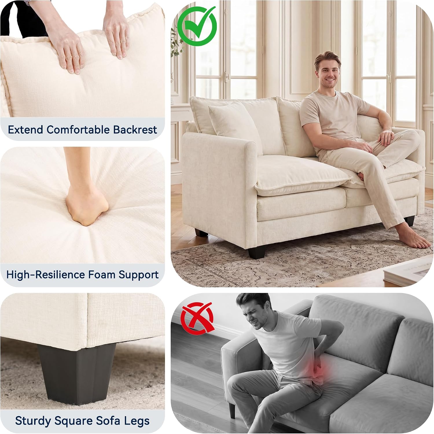 Loveseat Sofa Couch, Small Mini Compact 50" Love Seat 27" Deep Cloud Sofa Seat Washable Chenille Pillow for Apartment Bedroom Dorm Attic Studio Office Living Room Small Space 50-Beige