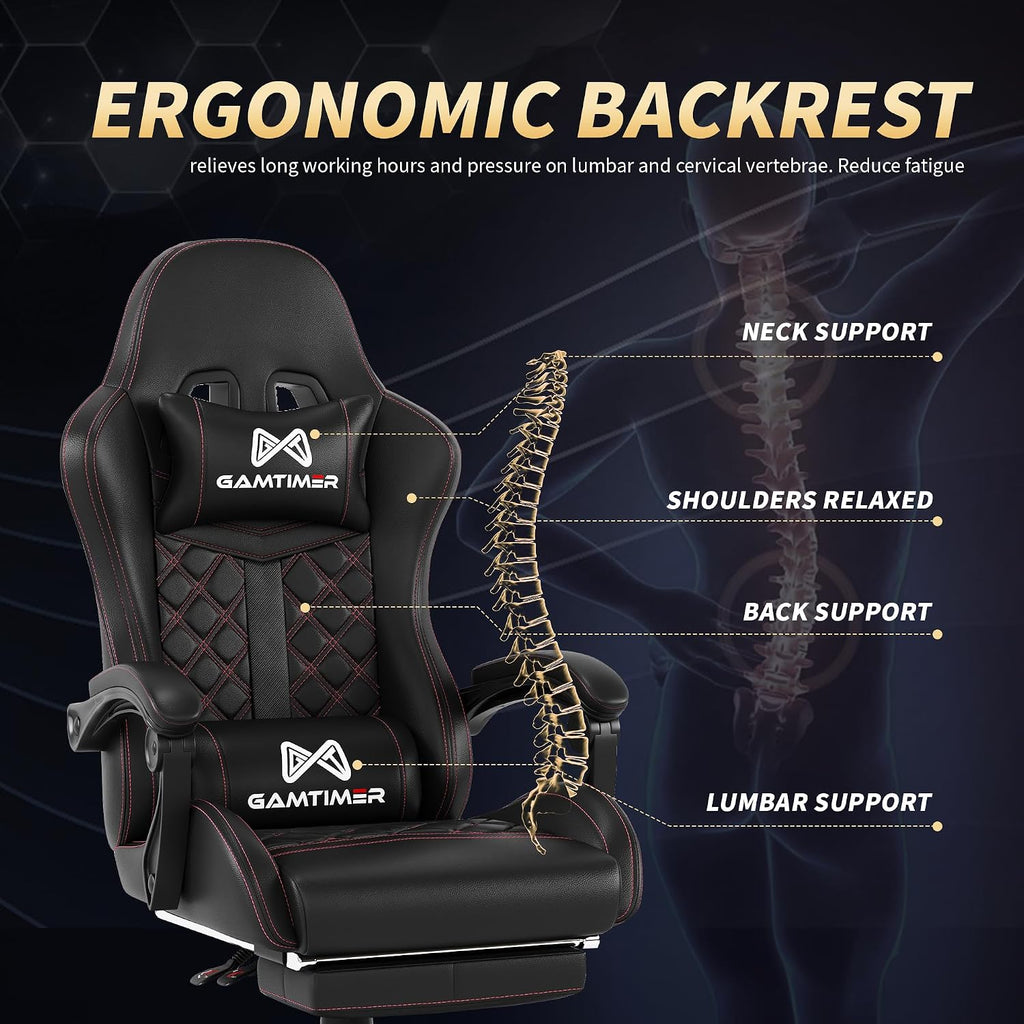 Gamtimer Gaming Chair, 400 LB Weight Capacity,with Pocket Spring Cushion | Ergonomic Backrest Office Chair,Leather, with Headrest and Lumbar Support, Footrest, Suitable for Adults(Black)