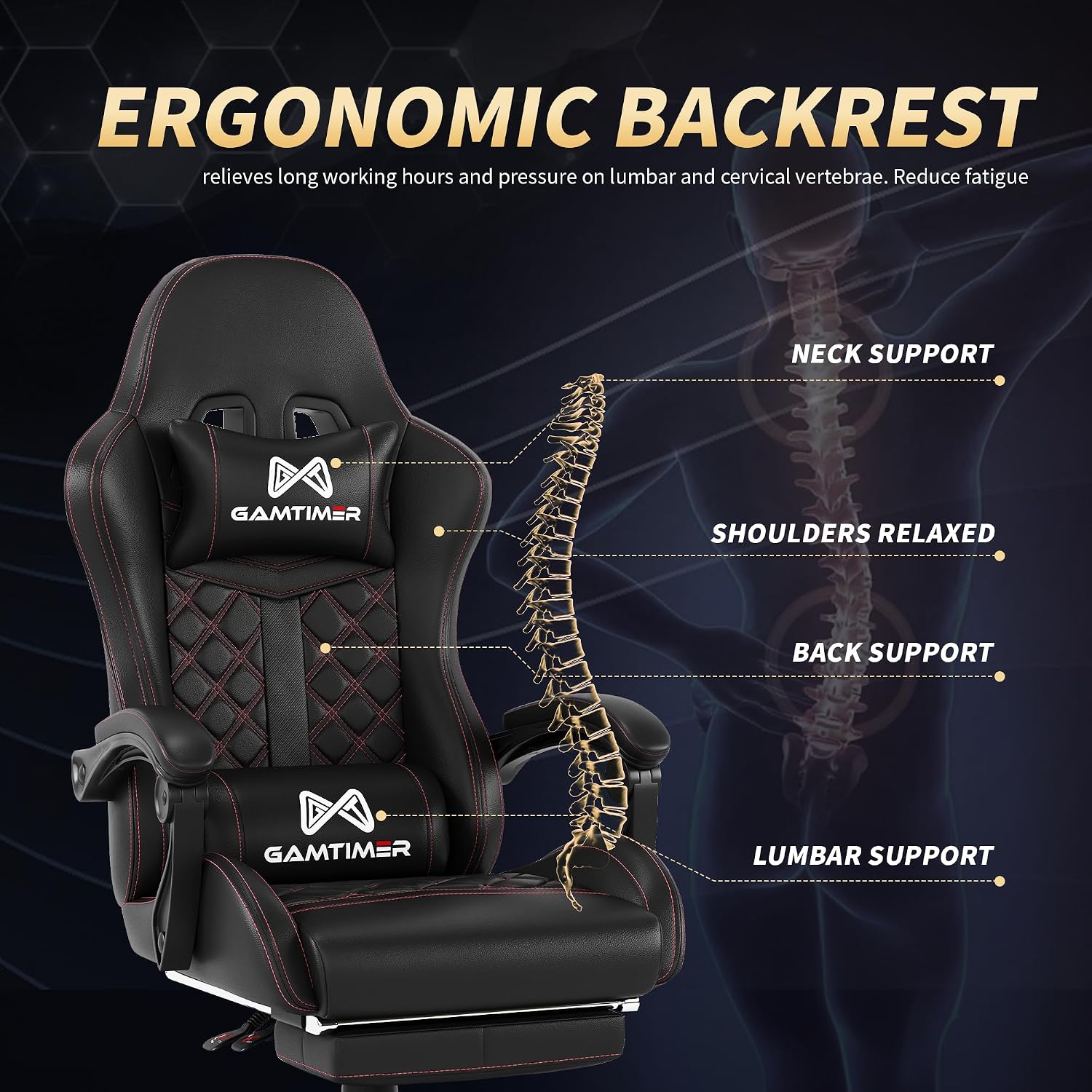 Gamtimer Gaming Chair, 400 LB Weight Capacity,with Pocket Spring Cushion | Ergonomic Backrest Office Chair,Leather, with Headrest and Lumbar Support, Footrest, Suitable for Adults(Black)