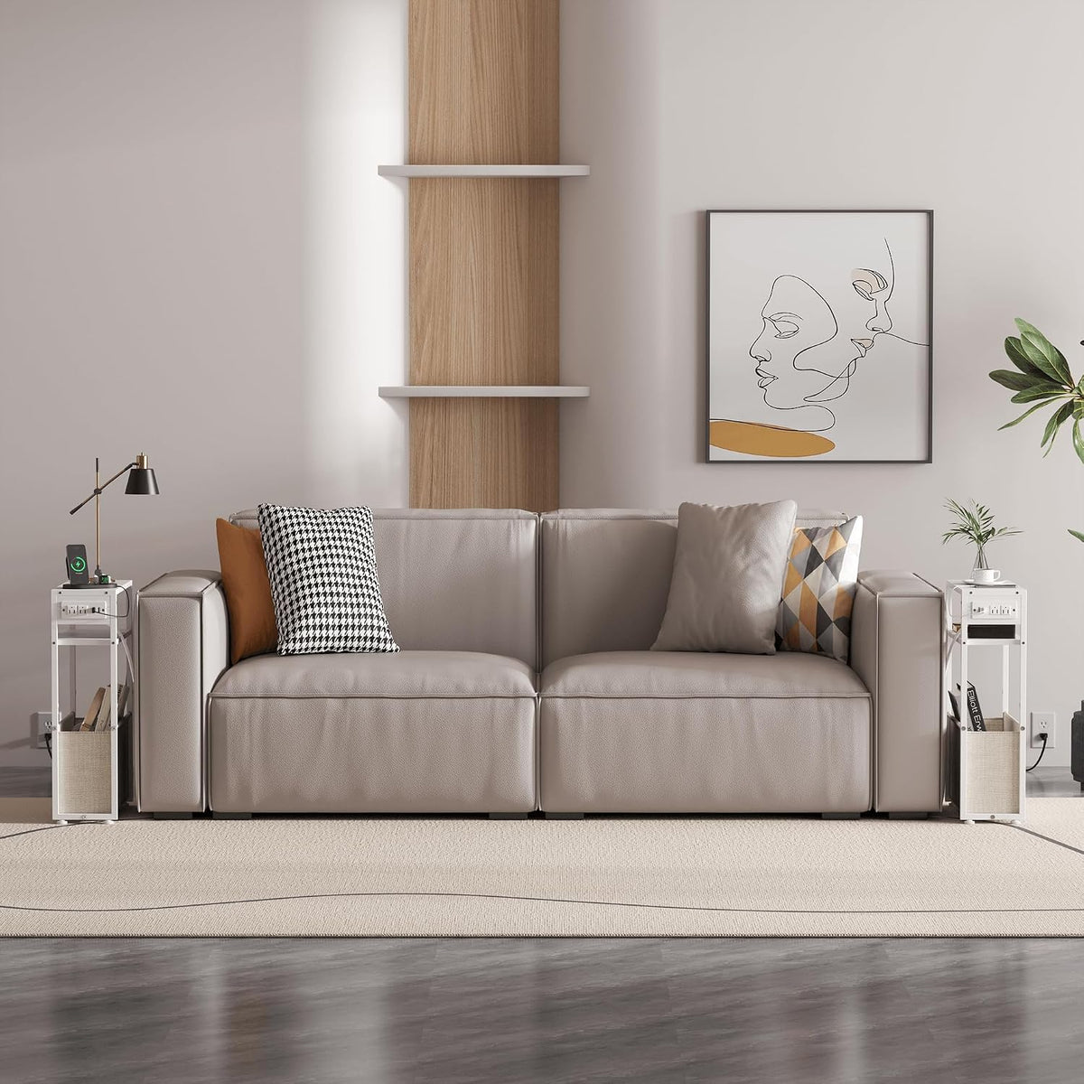 Leomonio White Side Table with Charging Station, Slim End Tables with Linen Basket, Skinny Table for Small Spaces, Thin Bedside Table for Living Room, Bedroom