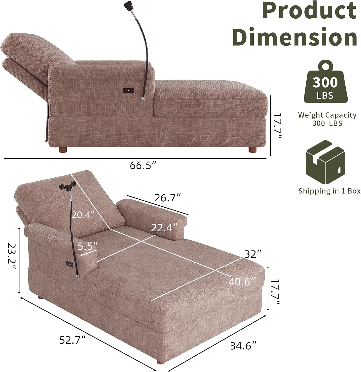 EJUNQ 66.5" Oversized Chaise Lounge Chair Indoor，Cozy Sofa Bed with Phone Holder and USB Charger，Upholstered Deep Seat Sleeper Sofa Bed，Comfy Single Sofa Armchair for Living Room -Brown