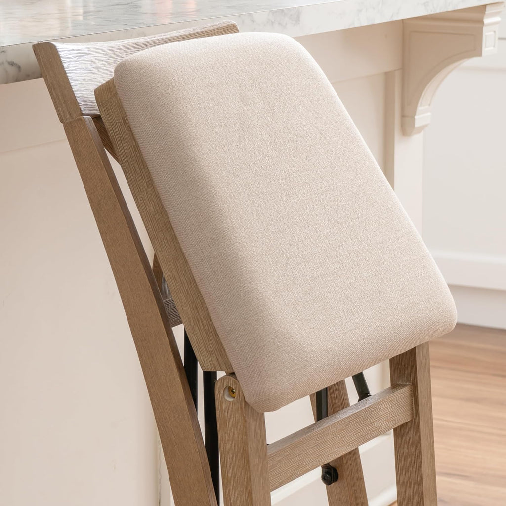 Linon Triena X Back Neutral Greywash Wooden Fully Assembled Folding 24 Inch Seat Height Counter Stool with Beige Upholstered Seat