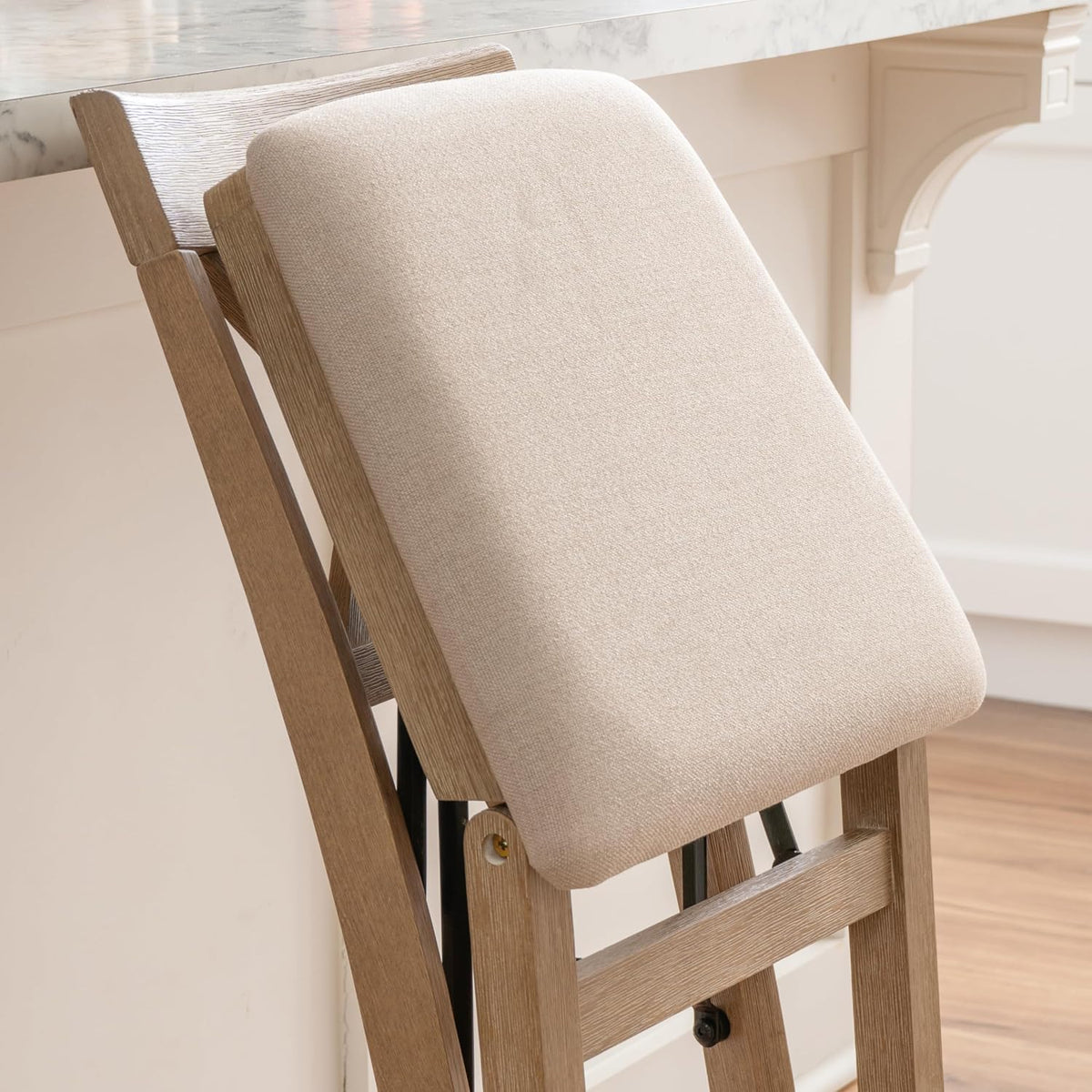 Linon Triena X Back Neutral Greywash Wooden Fully Assembled Folding 24 Inch Seat Height Counter Stool with Beige Upholstered Seat