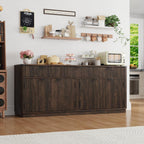 70” Rounded Edge Large Sideboard Buffet Cabinet with 3 Storage Drawers,Farmhouse Kitchen Fluted Sideboard Cabinet w 4 Door Shelves,Wood Coffee Bar Cabinets,Kitchen Pantry (Rustic Brown)
