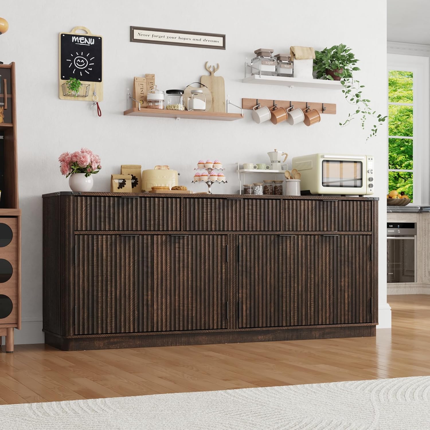 70” Rounded Edge Large Sideboard Buffet Cabinet with 3 Storage Drawers,Farmhouse Kitchen Fluted Sideboard Cabinet w 4 Door Shelves,Wood Coffee Bar Cabinets,Kitchen Pantry (Rustic Brown)
