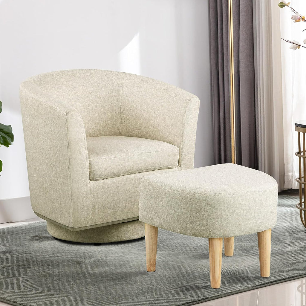 DAZONE Beige Swivel Accent Chair with Ottoman, Comfy Barrel Armchair for Small Spaces, 360° Modern Fabric Lounge Chair for Living Room, Bedroom, Reading Nook, Home Office